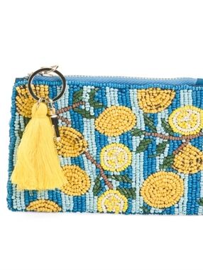 🍋🔹️Sol And Mer 🔹️Beaded Lemon Tassel Wristlet Clutch in Blue & Yellow